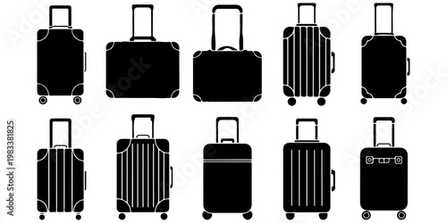 Minimal travel suitcase luggage icon set in flat black silhouette style with different trolley bag designs for tourism and vacation concepts