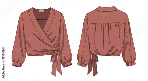Stylish terracotta wrap blouse front and back fashion illustration for modern women's apparel design