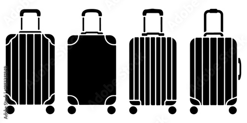Minimal travel suitcase luggage icon set in flat black silhouette style with different trolley bag designs for tourism and vacation concepts
