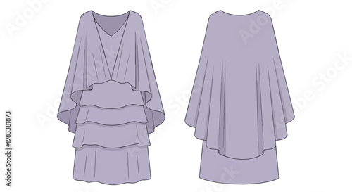 Elegant tiered lavender dress with graceful draped sleeves and charming ruffles, a modern fashion design blueprint