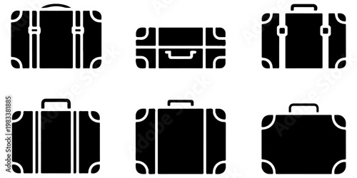 Minimal travel suitcase luggage icon set in flat black silhouette style with different trolley bag designs for tourism and vacation concepts