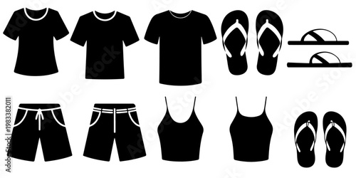 Minimal summer clothing icon set including t shirts tank tops shorts and flip flops in flat black silhouette style for seasonal fashion