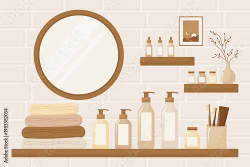 Bathroom interior shelf with beauty skin care products and mirror vector illustration.