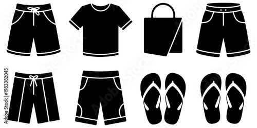 Minimal summer clothing icon set including t shirts tank tops shorts and flip flops in flat black silhouette style for seasonal fashion
