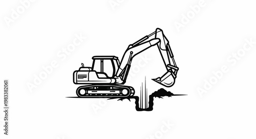 Excavator digging a hole in the ground, line art