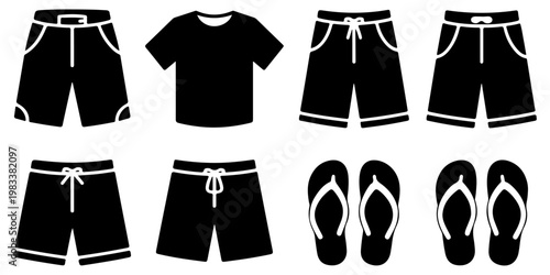 Minimal summer clothing icon set including t shirts tank tops shorts and flip flops in flat black silhouette style for seasonal fashion