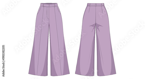 Detailed lavender wide-leg palazzo pants fashion flat sketch showcasing front and back technical views ideal for clothing pattern design and apparel