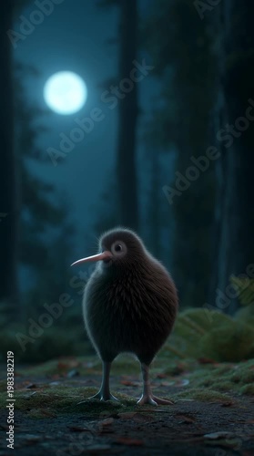 Kiwi bird observes full moon in enchanted forest nature nighttime scene