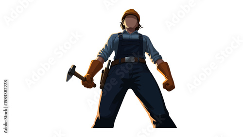 Architectural Artisan's Stance: A skilled constructor stands poised, a tool of precision held high, ready to shape the future with meticulous craftsmanship.