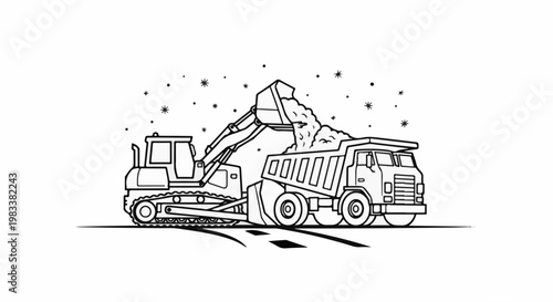 Excavator loading snow into a dump truck amidst falling snowflakes