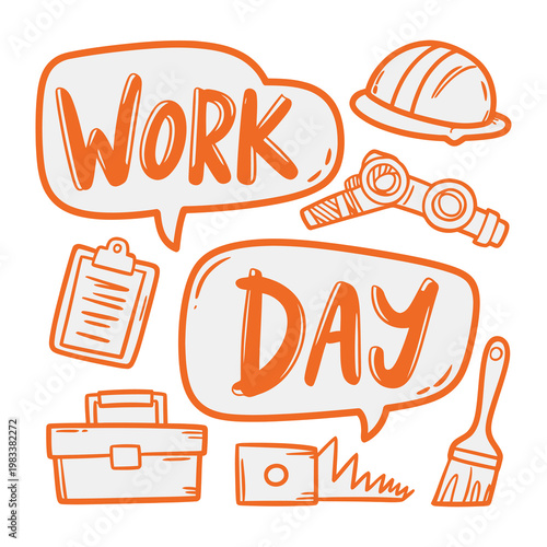 Work Day Essentials: a simple illustration capturing the essence of a typical workday with tools and equipment in comic bubbles, conveying the joy of a good work ethic.