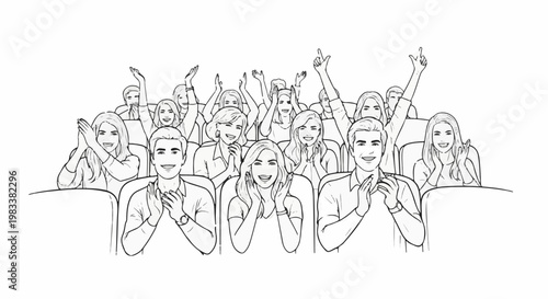 Excited audience clapping in a theater, diverse smiling faces