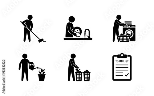 Silhouette icons of home chores: cleaning, washing, laundry, plant care, recycling, planning