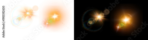 PNG image of Bright golden light lens flares radiating vibrant energy with circular rainbow glares and shimmering glowing rays on transparent background