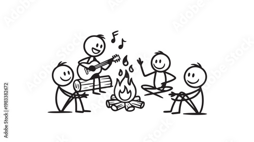 Stick figures singing around campfire with guitar for friendship and music concepts