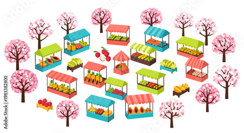 Vibrant outdoor market stalls with pink cherry blossom trees