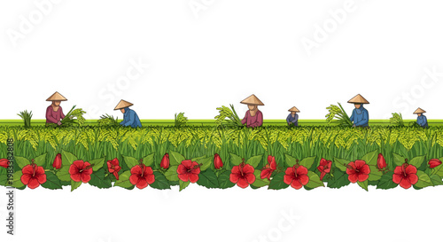 Farmers working in a field with red flowers and green grass