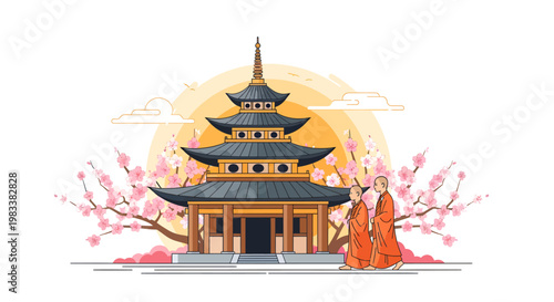 Illustration of a serene Asian pagoda with cherry blossoms