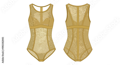 Sophisticated golden mesh women's sleeveless bodysuit flat sketch, front and back views, showcasing intricate patterns and sleek design for