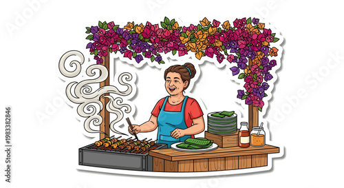 Woman grilling food at outdoor cooking station with flowers