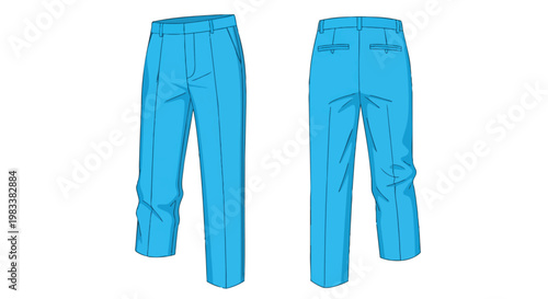 Bright blue tailored trousers front and back view minimalist apparel design illustration