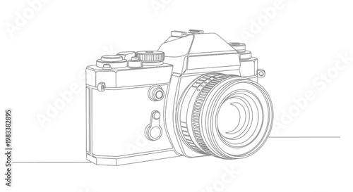 A simple line drawing of a vintage camera with a large lens and various dials