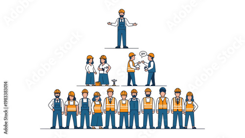 Construction Crew Hierarchal: A detailed illustration captures the structure of a construction team, depicting the hierarchy, roles, and teamwork essential for project success.