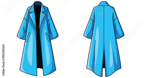 Stylish cerulean trench coat vector graphic presenting both an opened front view and a clean reverse perspective highlighting its loose silhouette