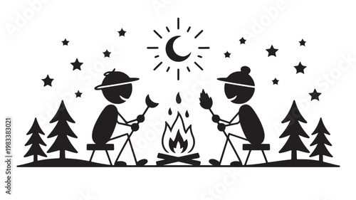 Stick Figures Camping At Night With Campfire Under Starry Sky For Travel And Adventure Concepts
