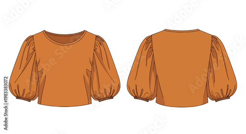 Fashion flat sketch of a women's puff sleeve top front and back views clearly illustrating the garment's design and silhouette for textile and