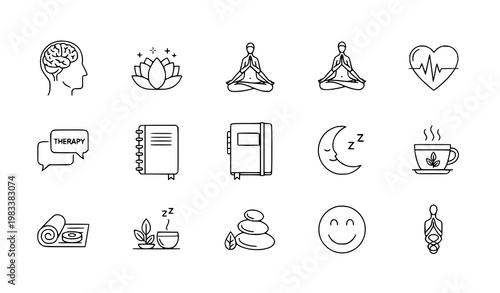 Mental health and self care thin line icon set with wellness mindfulness and therapy symbols vector