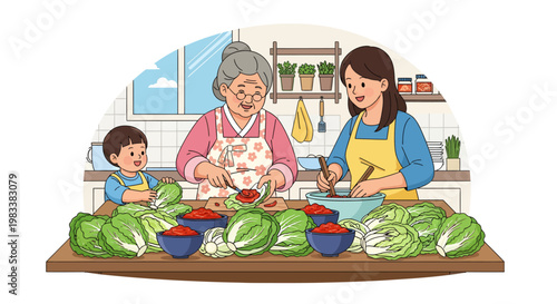 Family preparing healthy food together in kitchen
