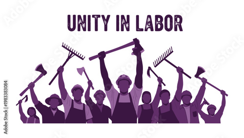 Unity in Labor: A powerful visual representation of solidarity, featuring a group of laborers united in purpose and action, with tools held high in a symbolic gesture of unity.