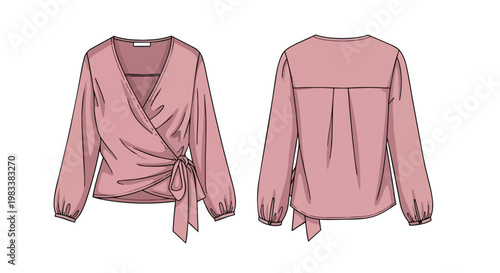 Elegant long-sleeve women's wrap blouse technical fashion drawing in a delicate muted pink hue, showcasing front and back views with tie waist and