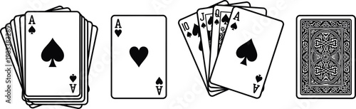 Playing cards deck ace and hand icons casino illustration set
