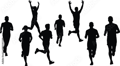 Group of eight runner silhouettes in dynamic motion, black vector icons of male and female athletes celebrating victory and running isolated on white.