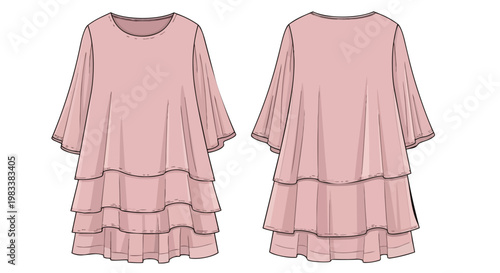 Elegant pink tiered dress flat sketch showcasing front and back views of a charming garment for fashion design