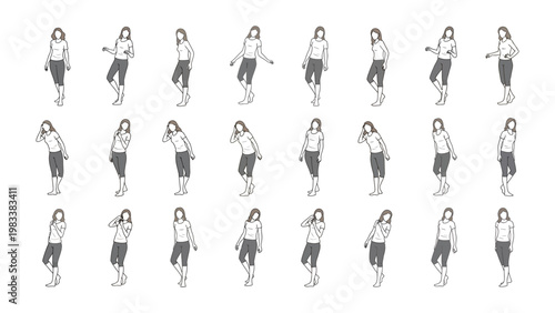 Woman's pose study: A series of illustrations present the graceful movement of the female figure, each a unique expression of posture, angle, and gesture. An artful showcase of human form