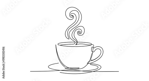 Single line drawing of a steaming cup of coffee on a saucer