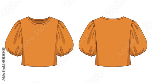 Fashion illustration of a vibrant orange women's short-sleeved top with distinctive voluminous puffed sleeves shown from front and back views for