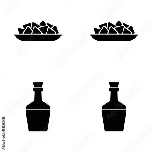 Four black on a white background showing a bowl of triangular shapes and a bottle with a stopper collection