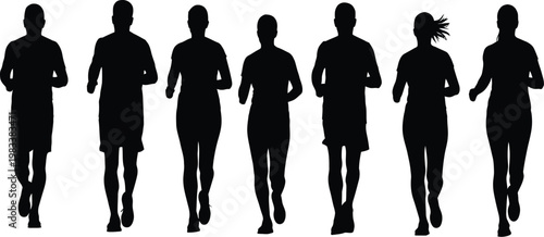 Group of male and female runners silhouettes, athletes jogging together for fitness and marathon training concept