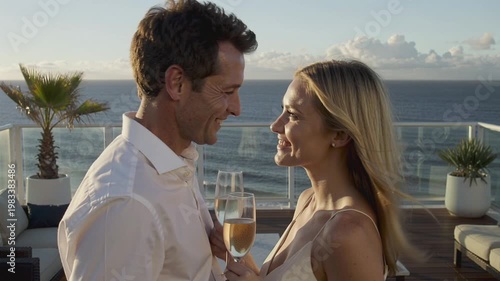 Morning on a balcony a dark-haired man and a blonde woman share a kiss, wind tousling their hair. Endless sea in the background, two champagne glasses in the womans hands. Soft light highlights the ro