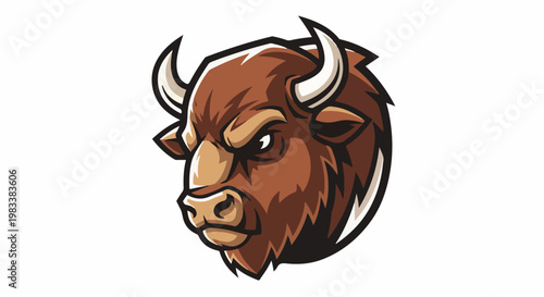 Fierce brown bison head with sharp horns and dark eyes