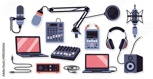 Audio recording equipment illustration on black background