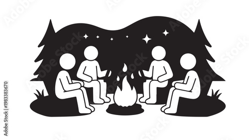 Three People Sitting Around Campfire At Night In Forest For Outdoor Adventure Concepts