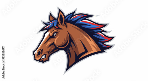 Fierce brown horse head with red and blue mane, aggressive