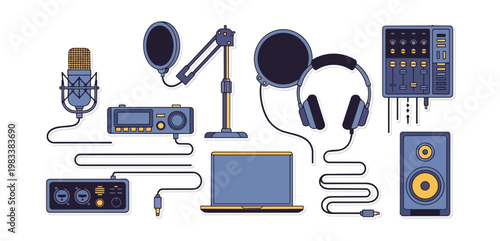 Audio recording equipment illustration on black background
