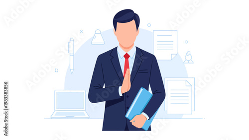 Professional in Business Attire: A distinguished individual, attired in a sharp suit and tie, stands confidently with a document folder. Ready to tackle challenges and make decisions. 