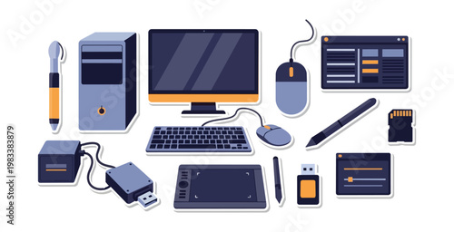 Computer hardware and graphic design tools illustration